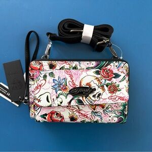 NWT Ed Hardy Floral Skull Tattoo Prints Crossbody Bag/Wristlet Removable Strap